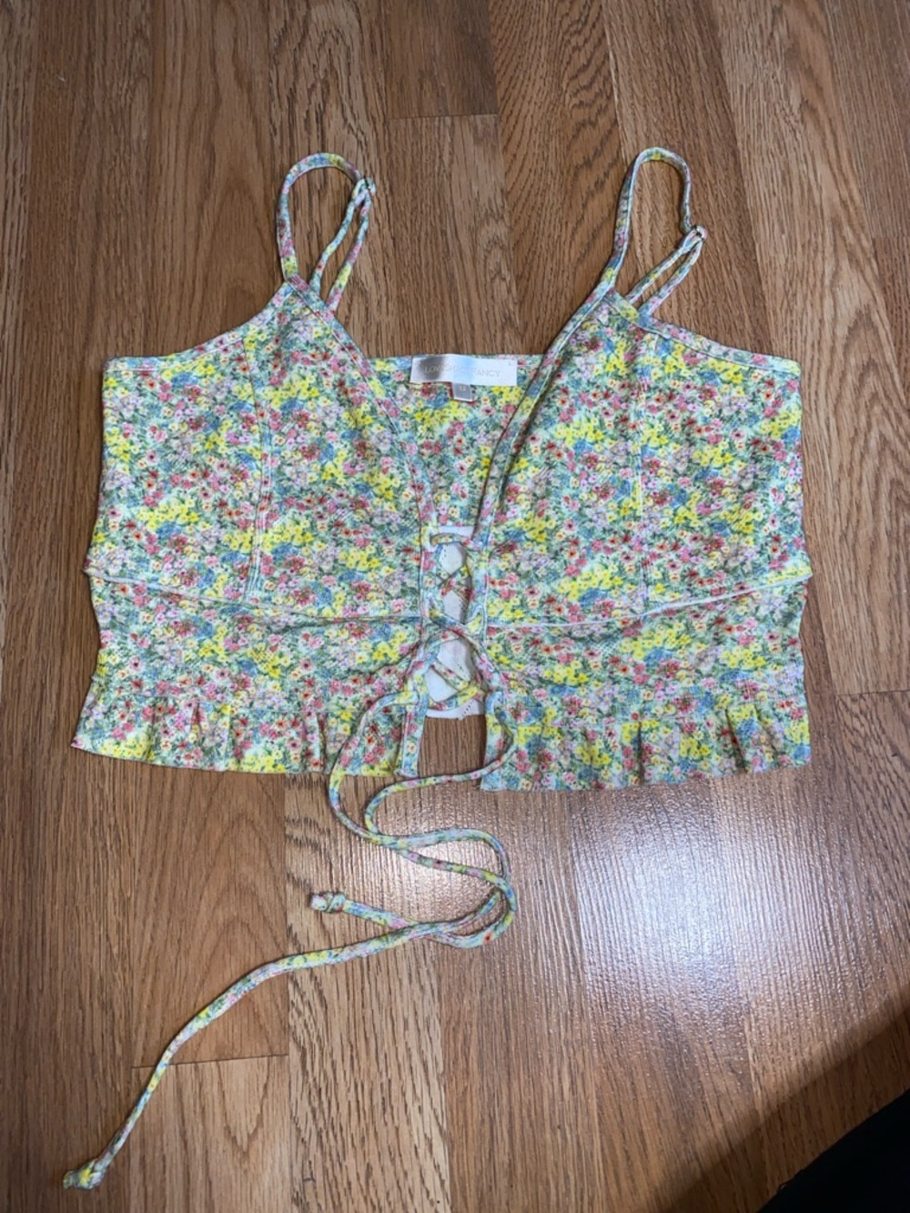 LoveShackFancy Yellow Floral Lace-Up Crop Cami